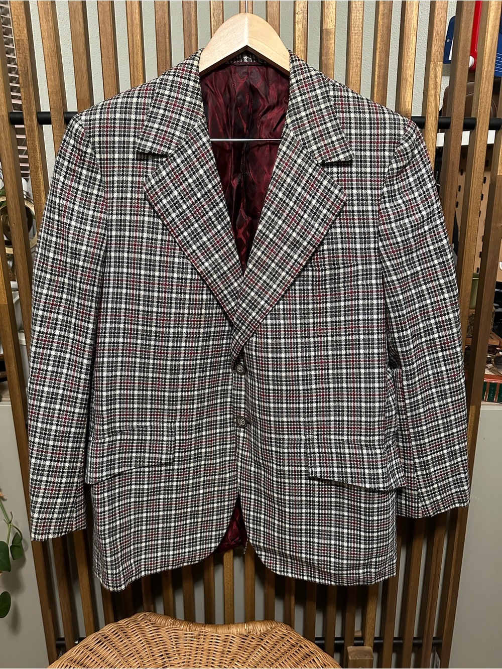 VTG 70s Louis Roth Clothes Rubenstein Bros Plaid Blazer Burgundy Lining